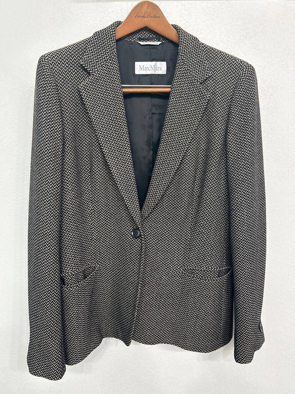 Max Mara Vintage Virgin Wool Blend Single Button Herringbone Blazer Size 14